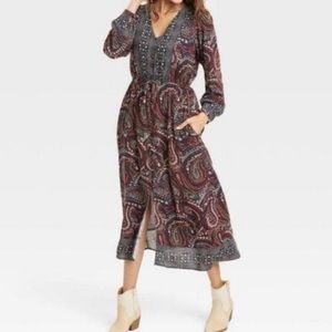 Knox Rose Women's Boho Maxi Peasant Dress Paisley Cottage Core long sleeve New